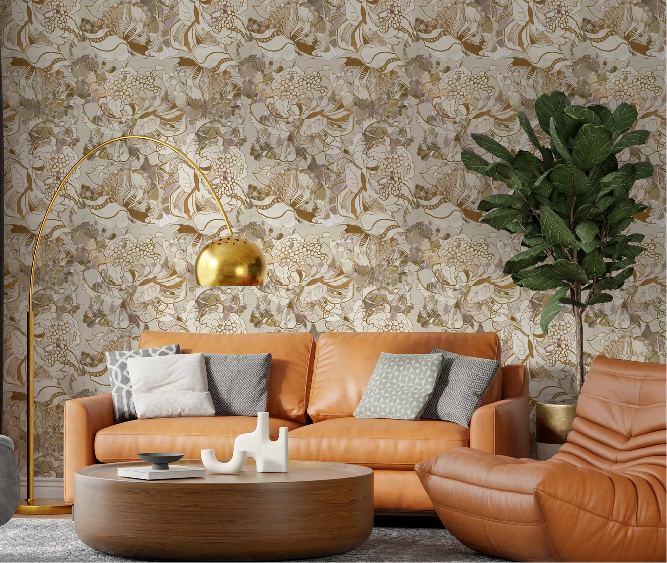Cream and gold floral wallpaper sets a vintage mood across the living room