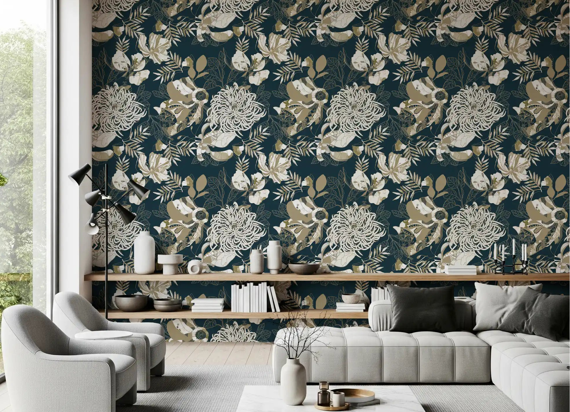 Deep teal wallpaper with botanical shapes and gold-toned line art