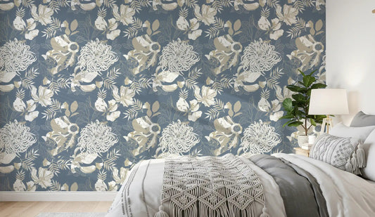 Cool tones bring the bedroom together with Dusty Blue Floral wallpaper.