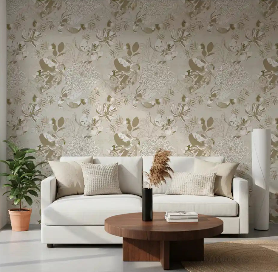 Living room styled in warm neutral chrysanthemum wallpaper