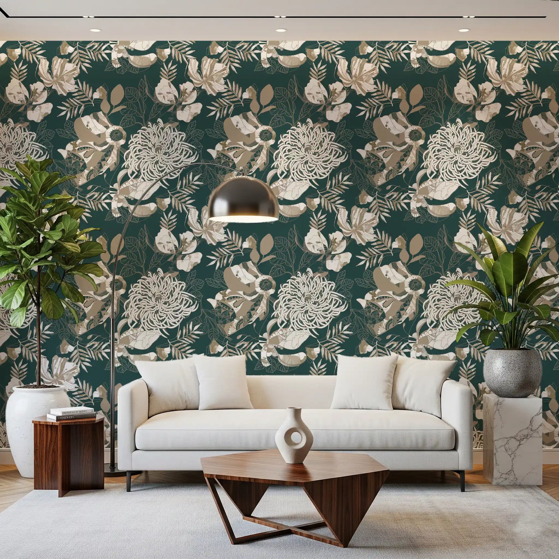 Living room area with pine green and cream floral wallpaper backdrop