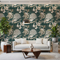 Living room area with pine green and cream floral wallpaper backdrop
