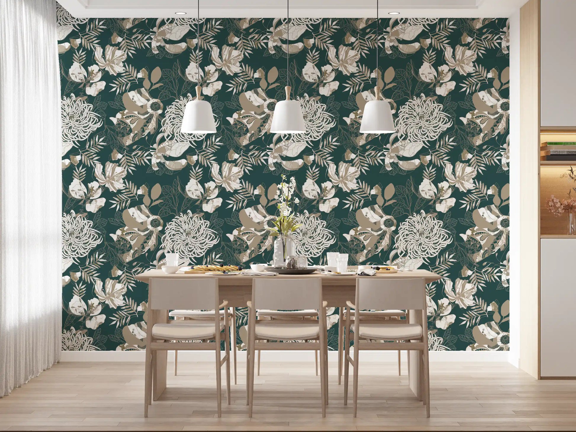 Dining area styled with deep green Deco chrysanthemum wallpaper