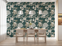 Dining area styled with deep green Deco chrysanthemum wallpaper