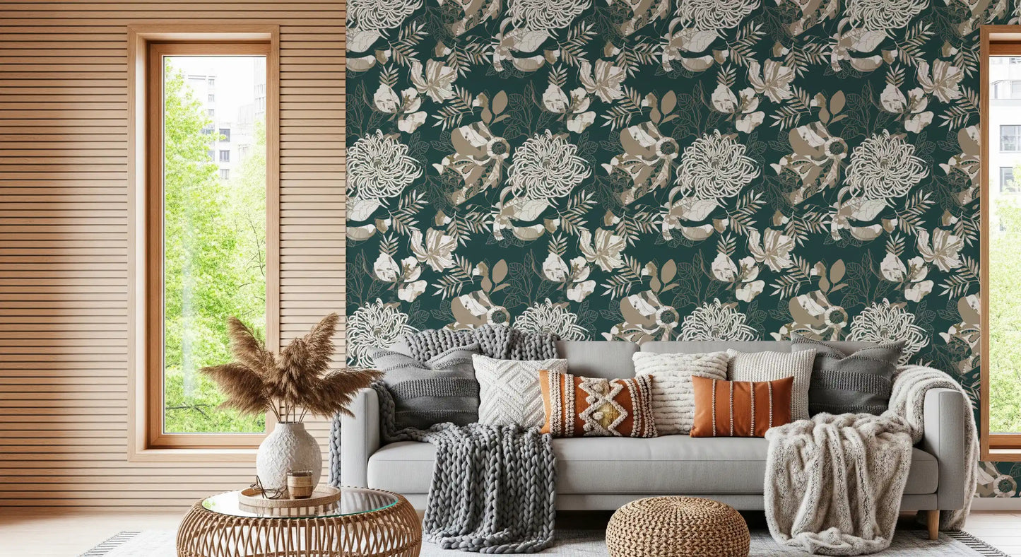 Layered botanical wallpaper with tan blooms on deep green ground