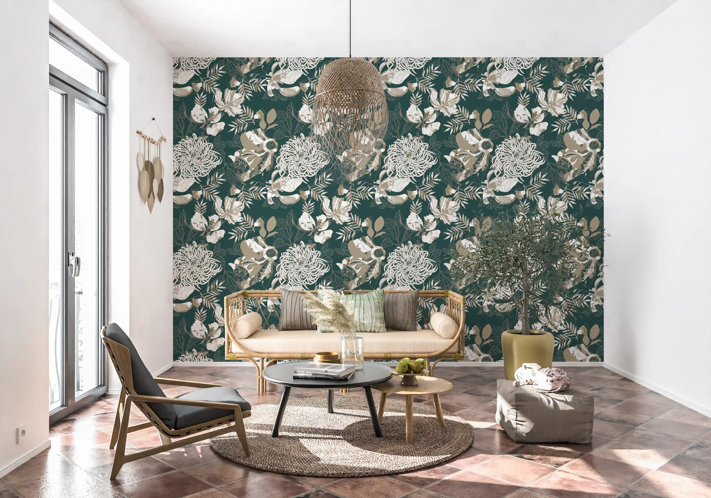 Cream chrysanthemums and palm fronds on forest green floral wallpaper