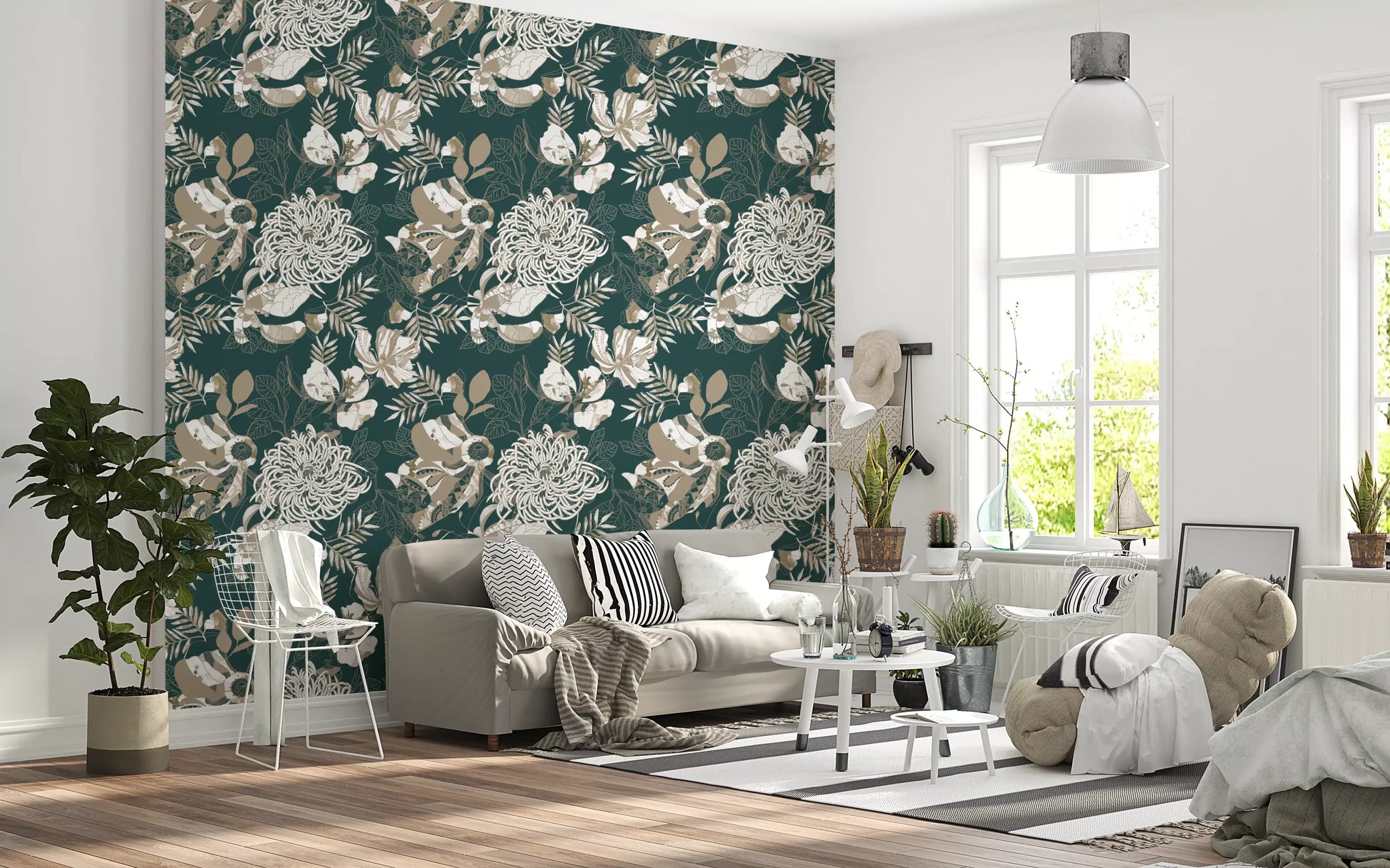 Bright lounge with forest green botanical wallpaper as accent panel