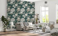 Bright lounge with forest green botanical wallpaper as accent panel