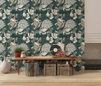 Living room Sitting area with forest green floral wallpaper in soft daylight