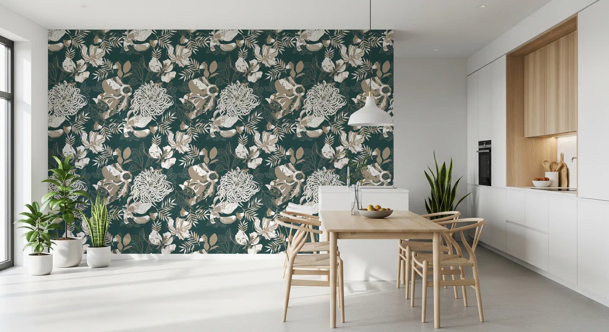 Forest green floral wallpaper with white chrysanthemums and tan fronds
