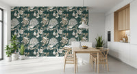 Forest green floral wallpaper with white chrysanthemums and tan fronds