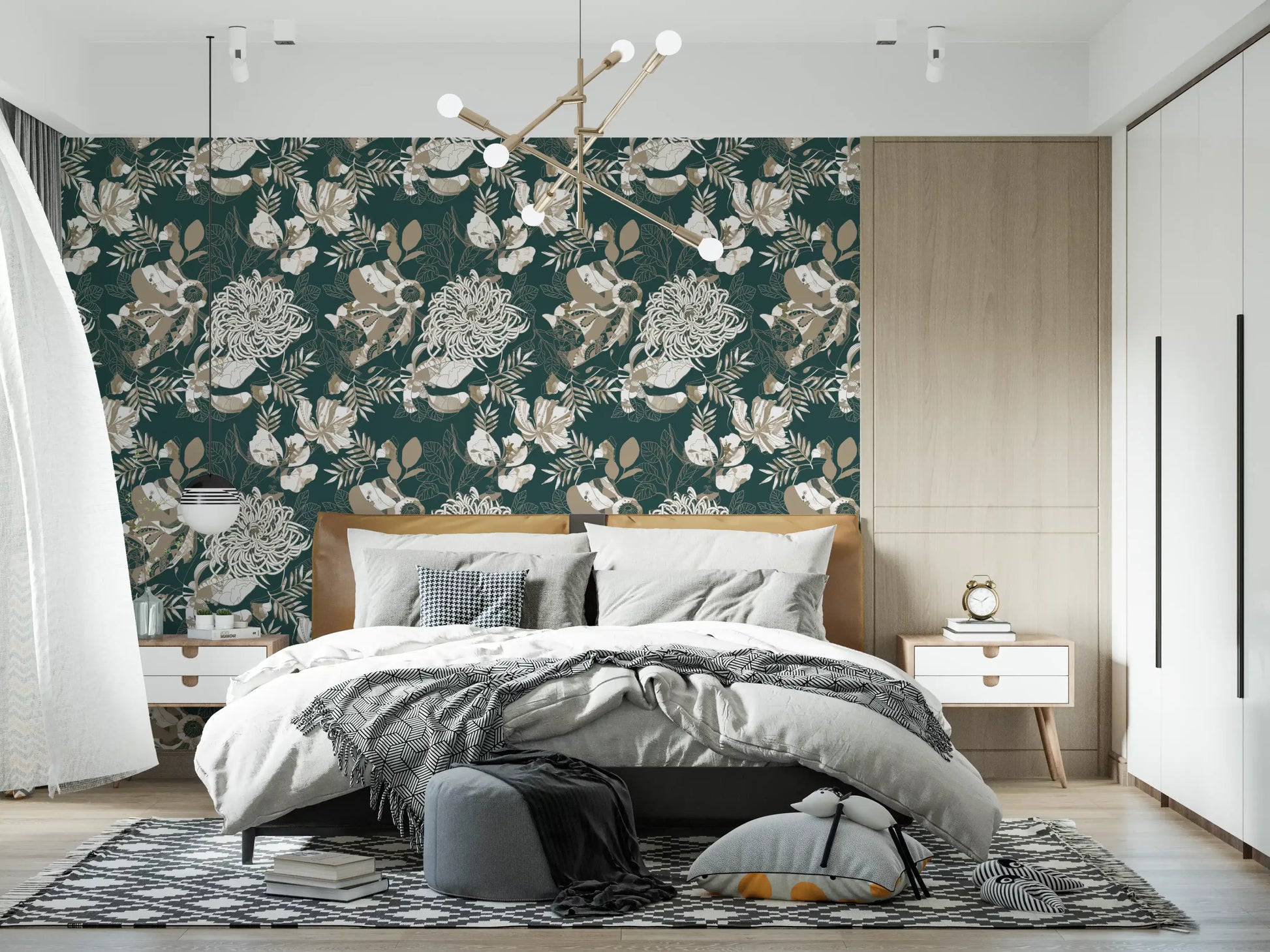Modern Bedroom showcasing deep green chrysanthemum wallpaper