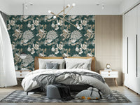 Modern Bedroom showcasing deep green chrysanthemum wallpaper