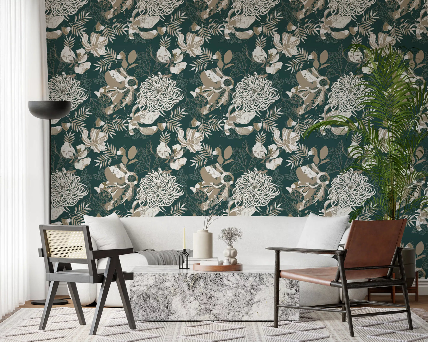 Deep pine-green wallpaper showing layered Deco chrysanthemum motifs
