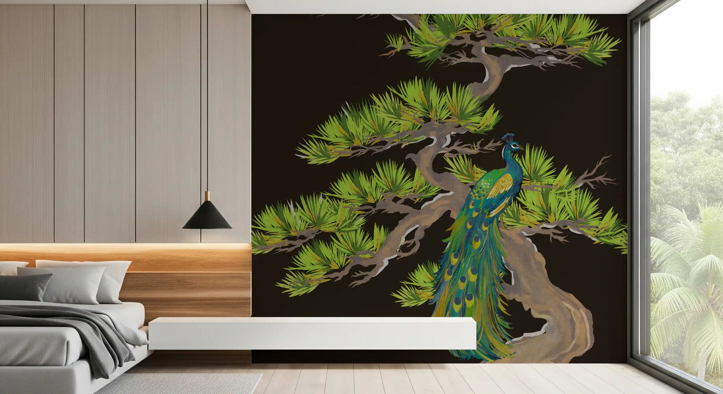 Bedroom corner area wrapped in matsu pine wall mural with green peacock