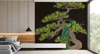 Bedroom corner area wrapped in matsu pine wall mural with green peacock