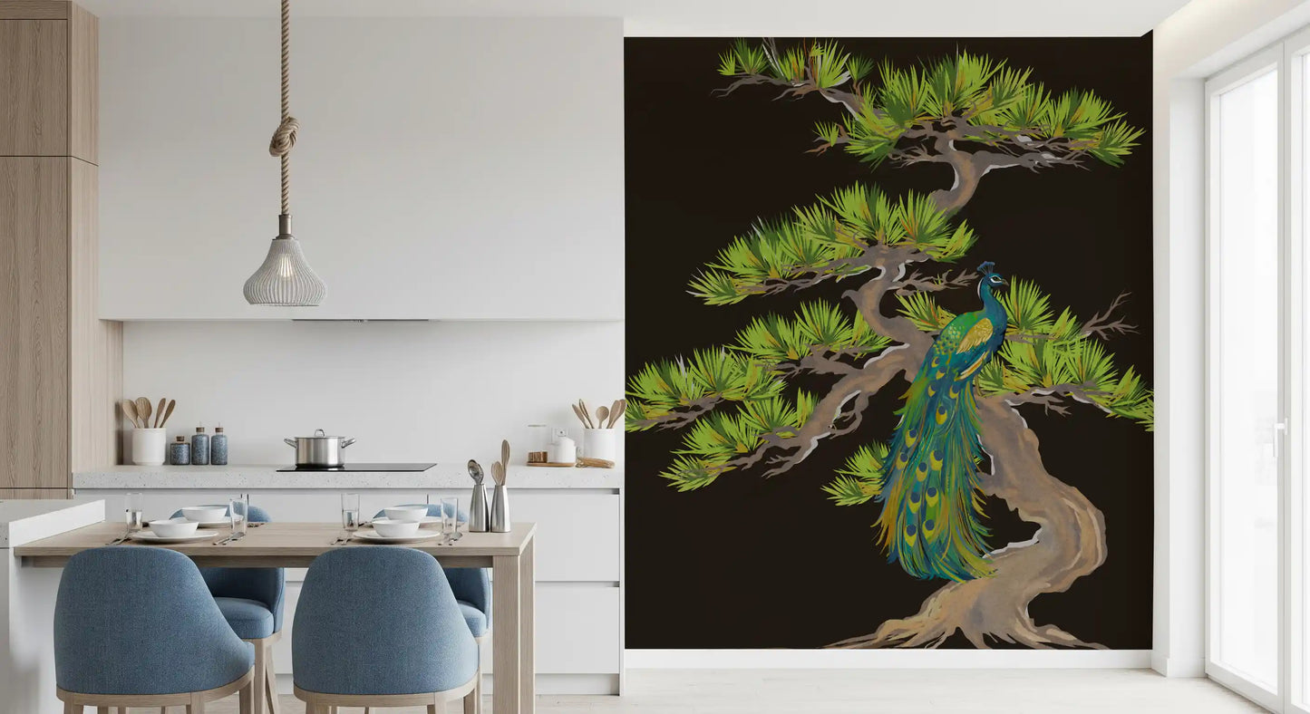 Dark peacock wall mural with green pine needles and weathered trunk