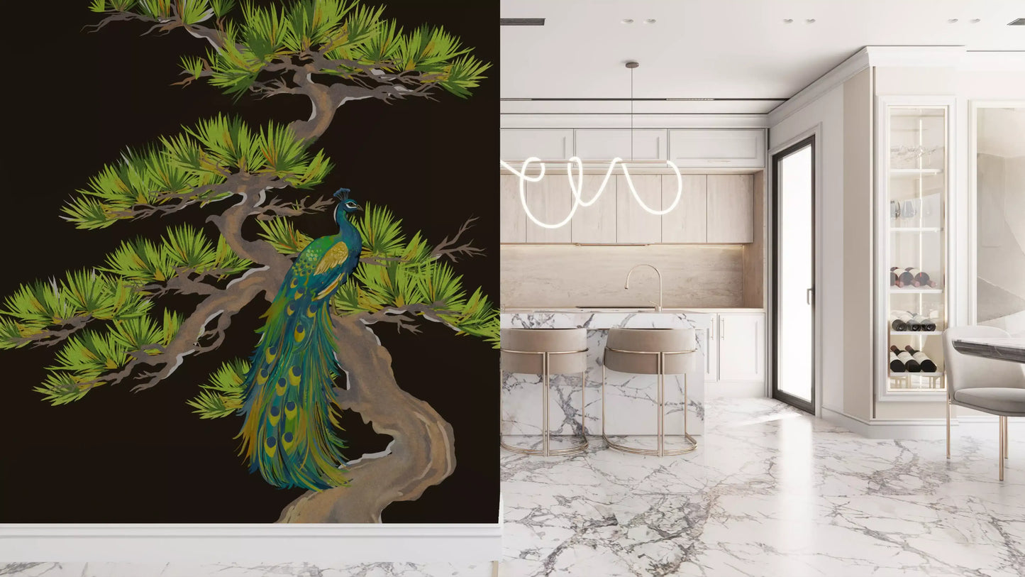 Emerald peacock wall mural with matsu pine and gnarled twisting branches
