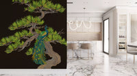 Emerald peacock wall mural with matsu pine and gnarled twisting branches
