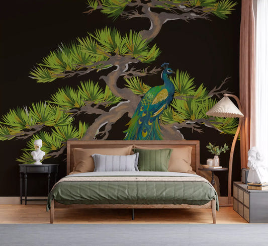 Bedroom showing emerald peacock and matsu pine wall mural