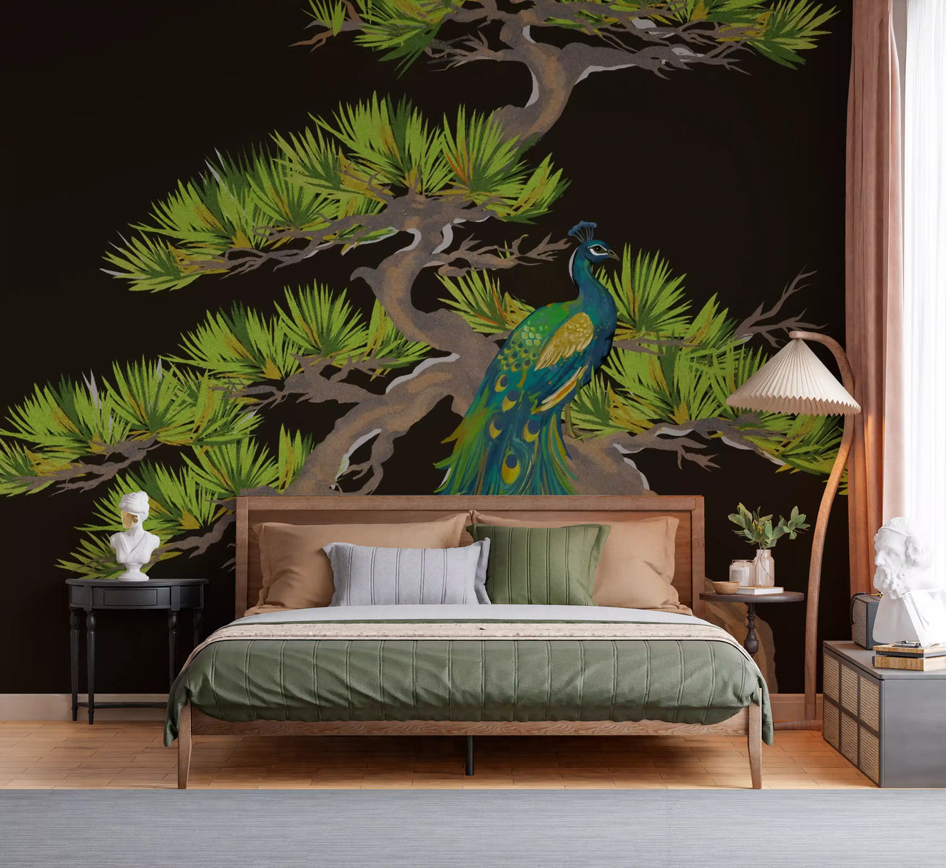 Bedroom showing emerald peacock and matsu pine wall mural