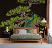 Bedroom showing emerald peacock and matsu pine wall mural