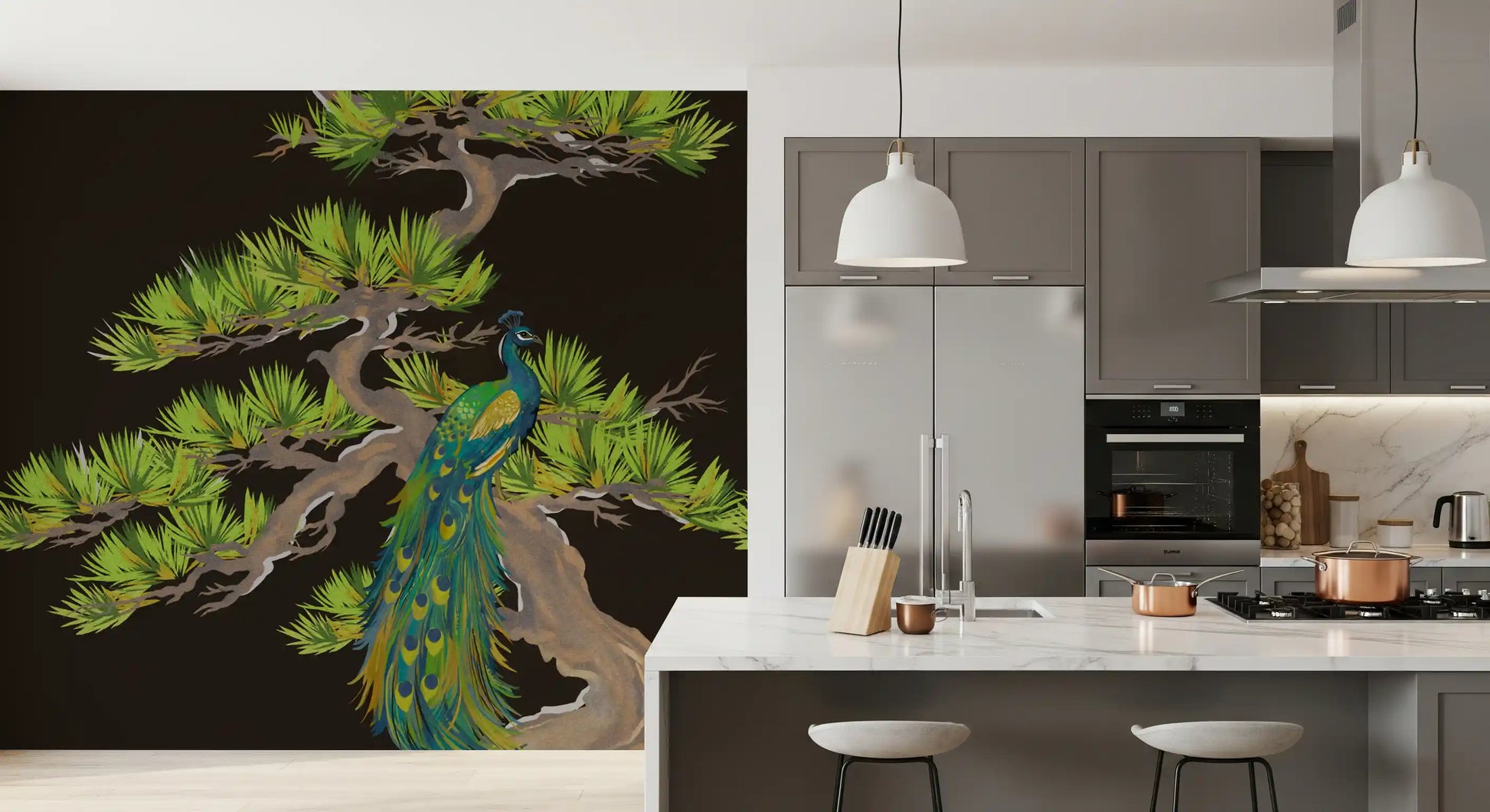 Kitchen and dining area finished with peacock wall mural on a deep black ground