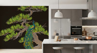 Kitchen and dining area finished with peacock wall mural on a deep black ground