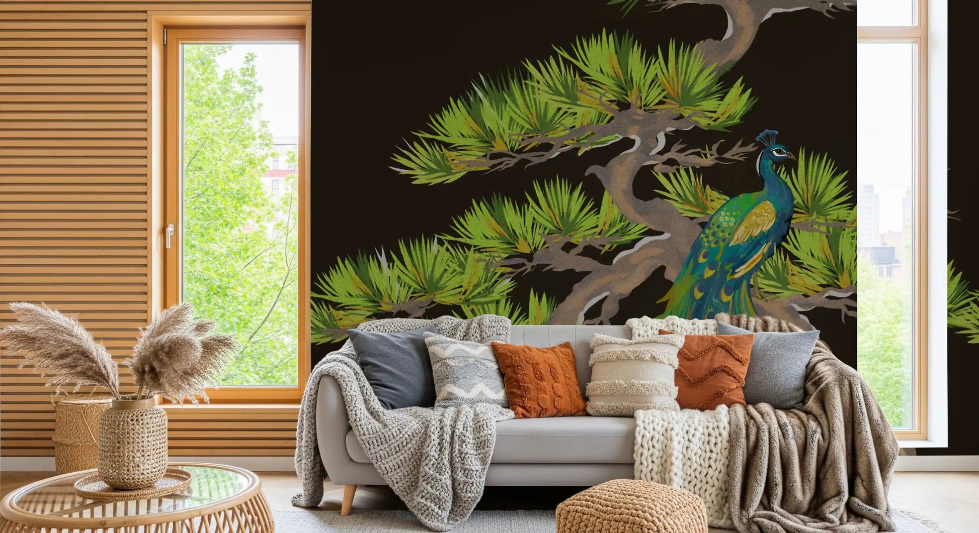 Bonsai pine wall mural featuring teal peacock and gold tail feathers