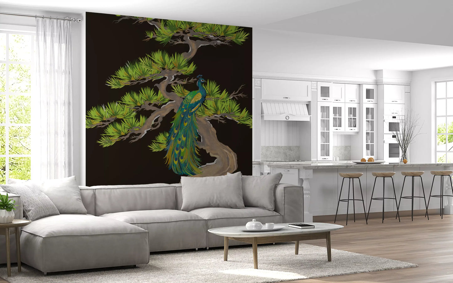 Hallway clad in dark peacock wall mural showing twisting branches