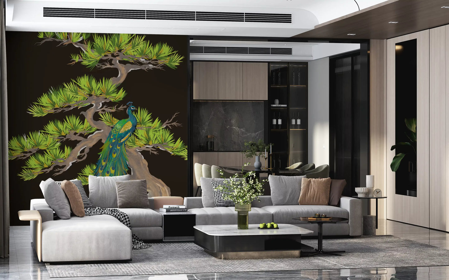 Living room covered with bonsai peacock wall mural in dark tones