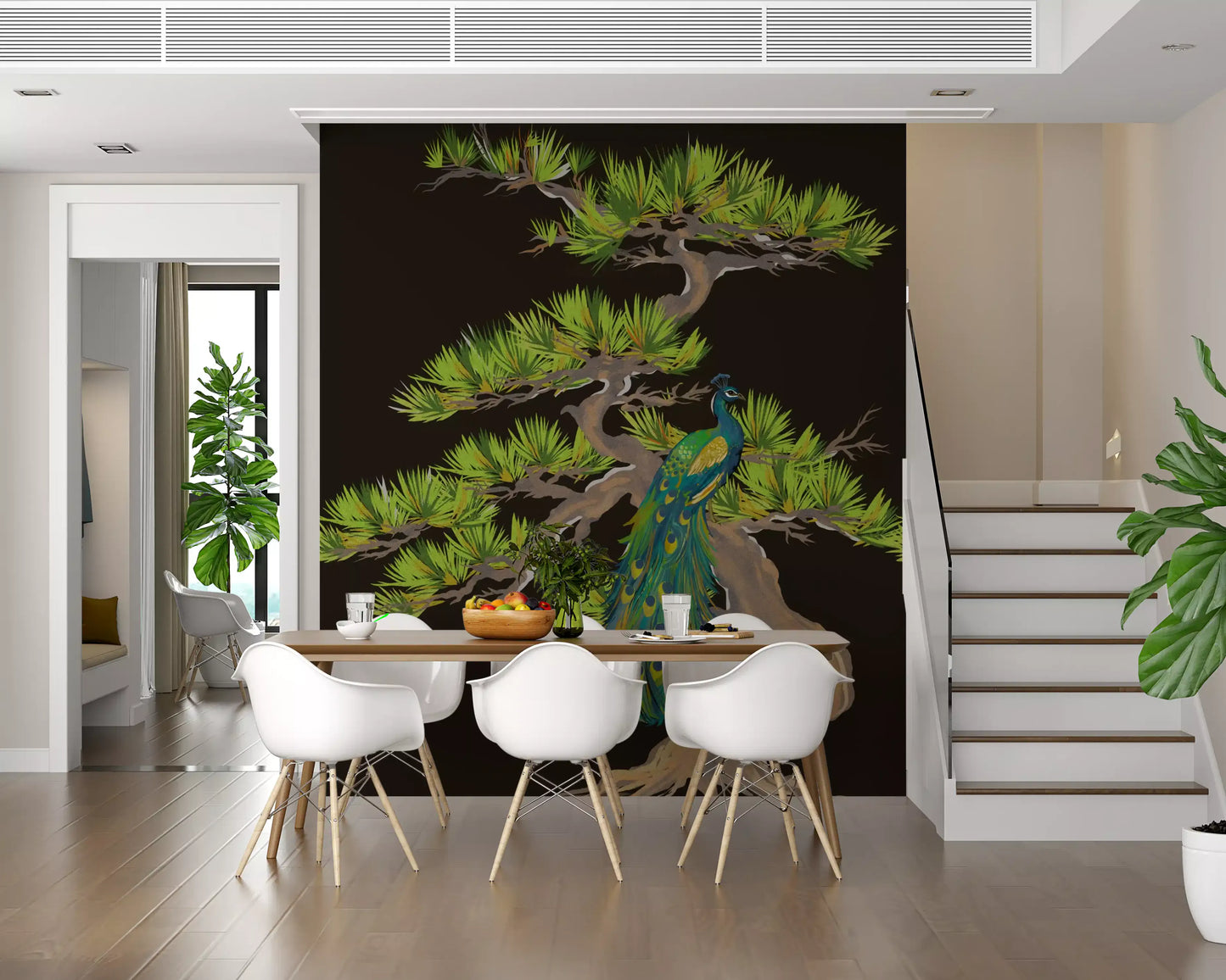 Dining room styled with emerald peacock and bonsai pine wall mural