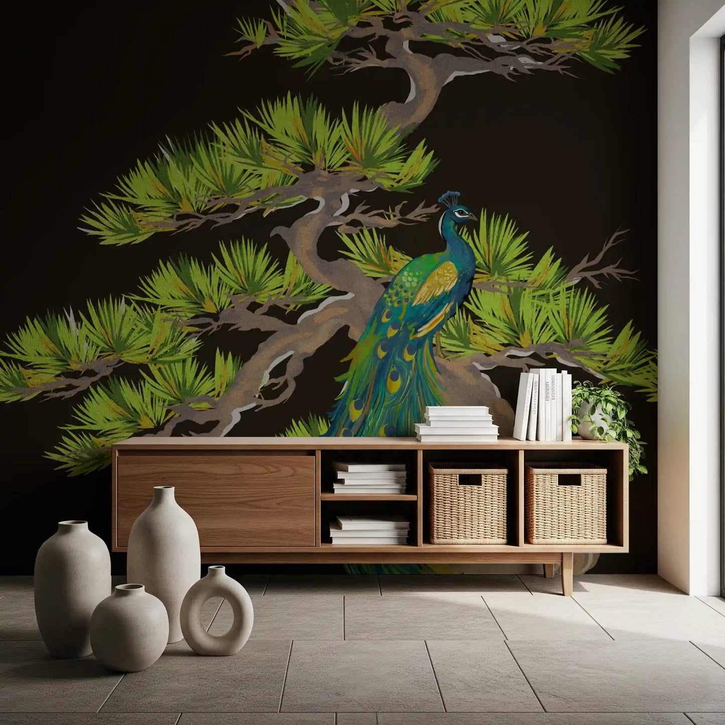 Wall mural showing emerald peacock perched on a winding matsu pine