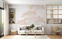 Living room with pastel pine tree wall mural spanning the main 