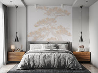 Bedroom styled with Japanese pine wall mural in warm beige and gold tones