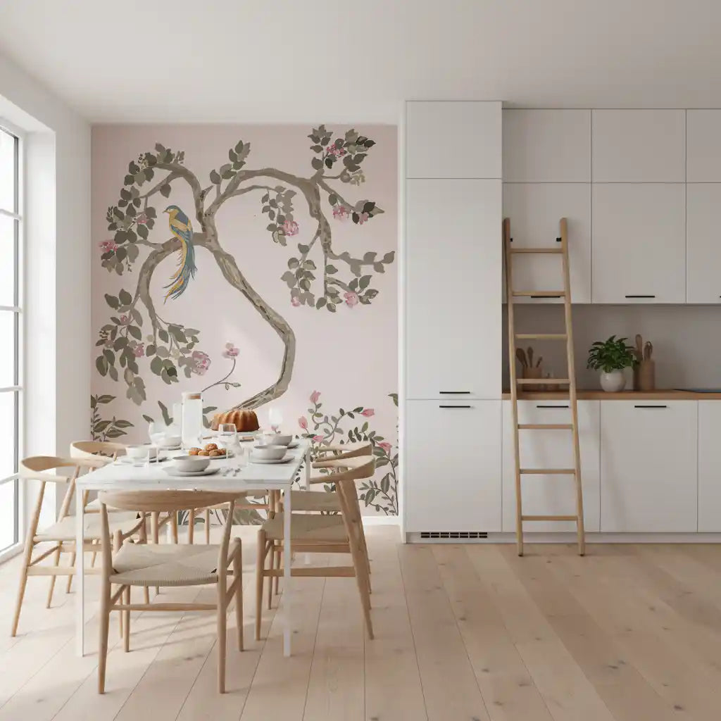 Garden birds wall mural on a Dining area , pale pink ground and green botanicals