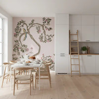 Garden birds wall mural on a Dining area , pale pink ground and green botanicals