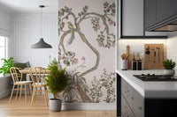 Floor-to-ceiling chinoiserie bird wall mural covering a Kitchen and dining room in blush and green
