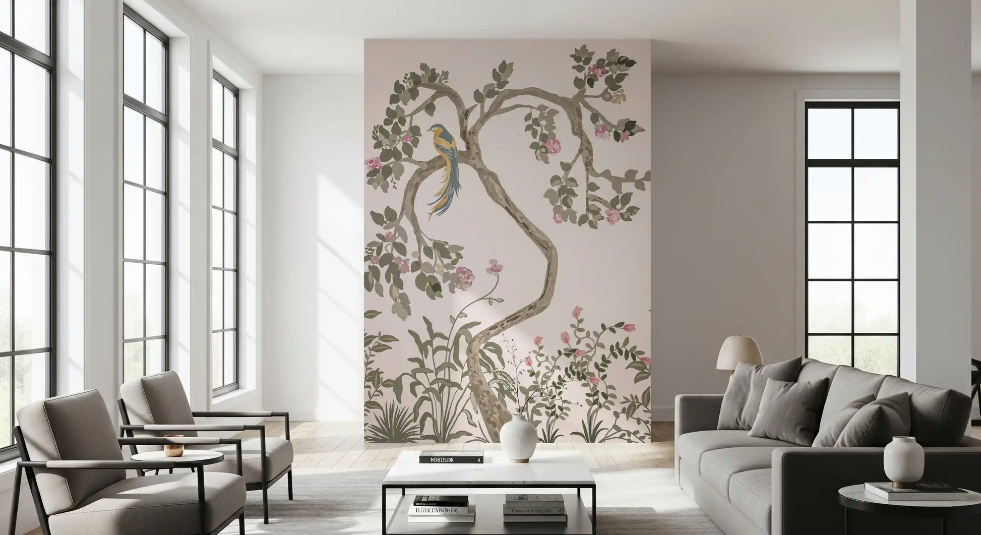 Blue-tailed bird perched on the chinoiserie garden wall mural, blush-pink background