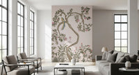 Blue-tailed bird perched on the chinoiserie garden wall mural, blush-pink background