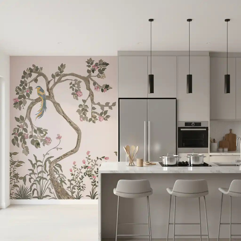 Gnarled trunk detail visible in the chinoiserie garden mural Wall mural, sage leaves