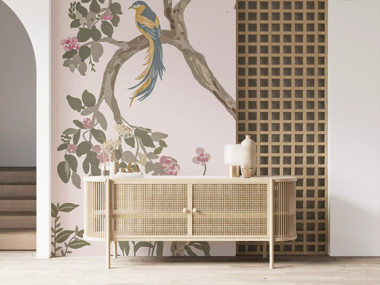 Garden chinoiserie wall mural photographed on a Living room