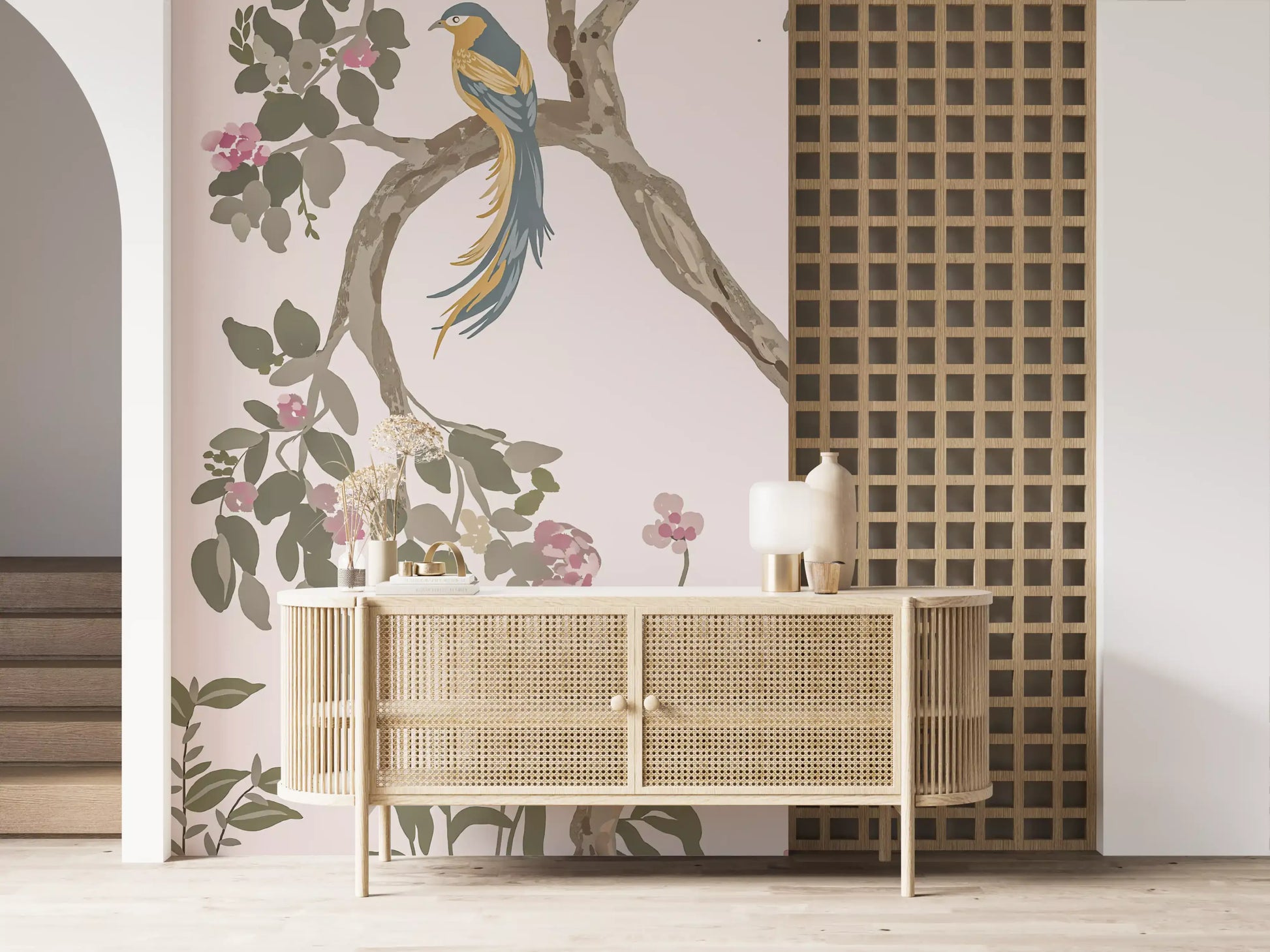 Garden chinoiserie wall mural photographed on a Living room