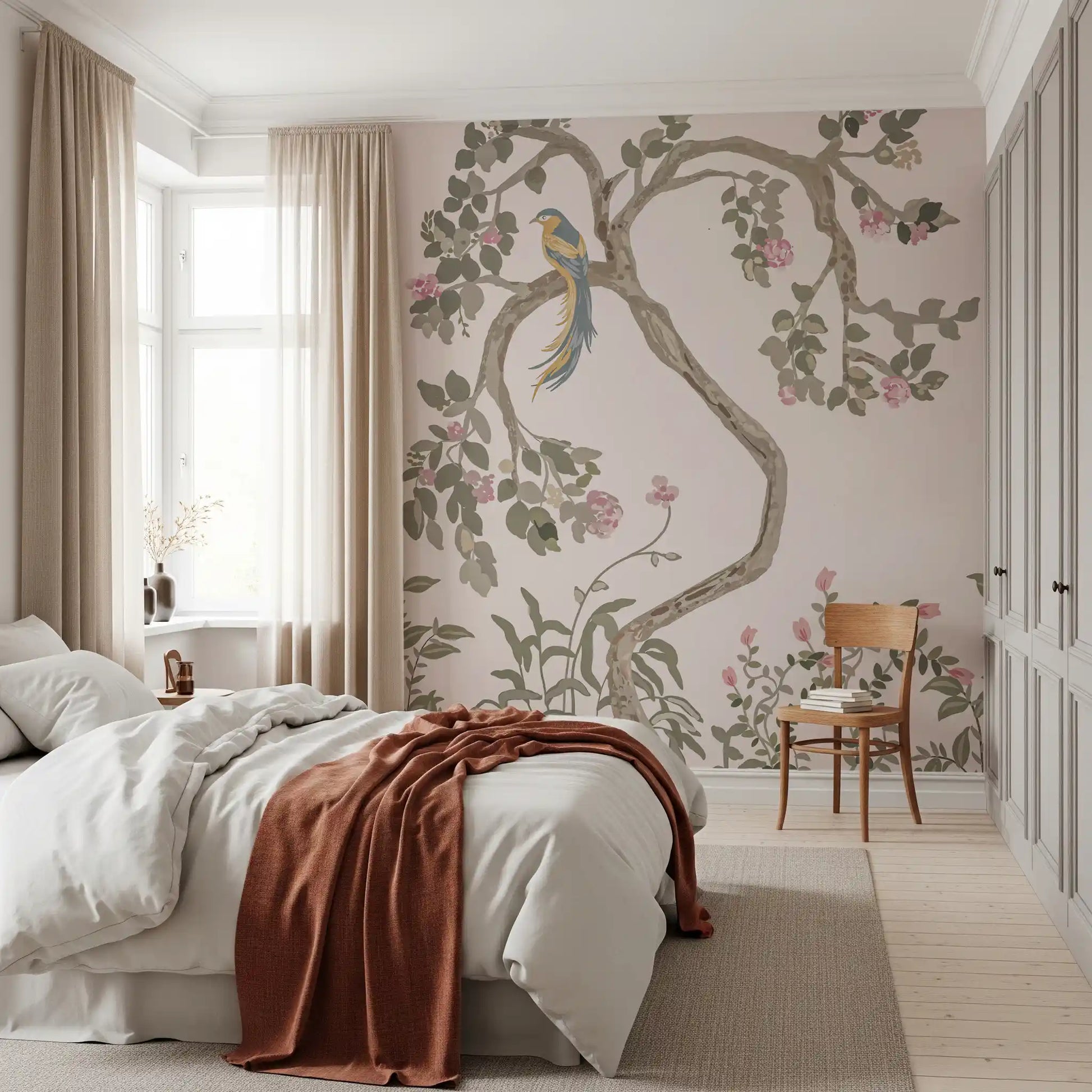 Pink blossom clusters pictured on a garden birds wall mural, pale blush ground