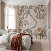 Pink blossom clusters pictured on a garden birds wall mural, pale blush ground