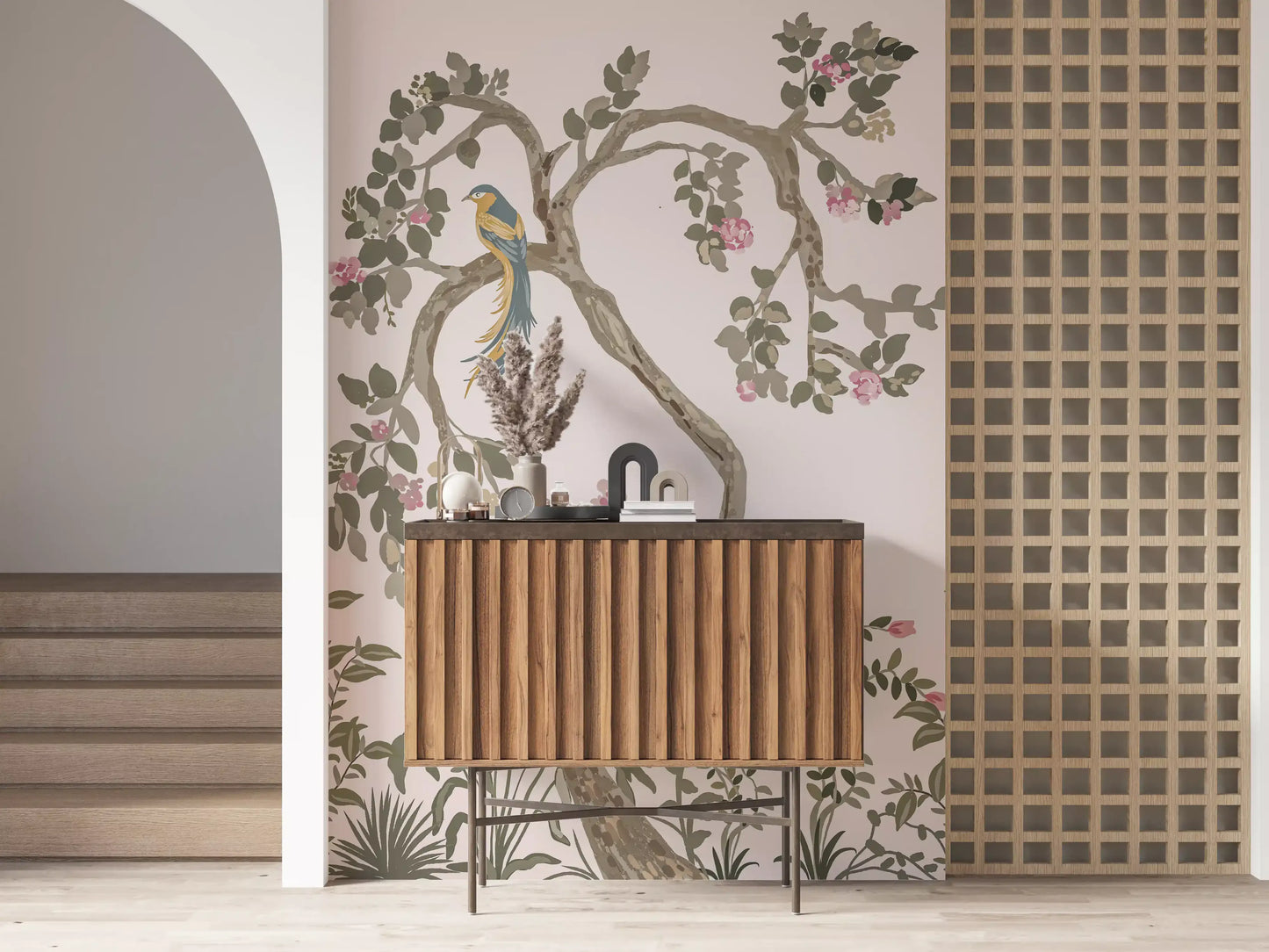 A lounge dressed in chinoiserie garden wall mural, twisted tree rising full panel