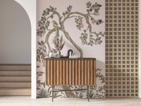 A lounge dressed in chinoiserie garden wall mural, twisted tree rising full panel