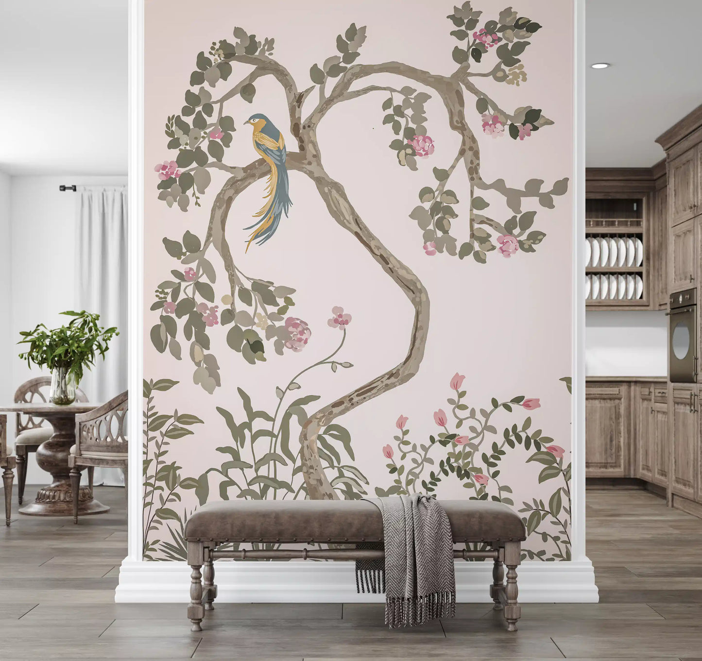 Birds-and-blossom chinoiserie wall mural running floor-to-ceiling in a kitchen