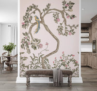 Birds-and-blossom chinoiserie wall mural running floor-to-ceiling in a kitchen