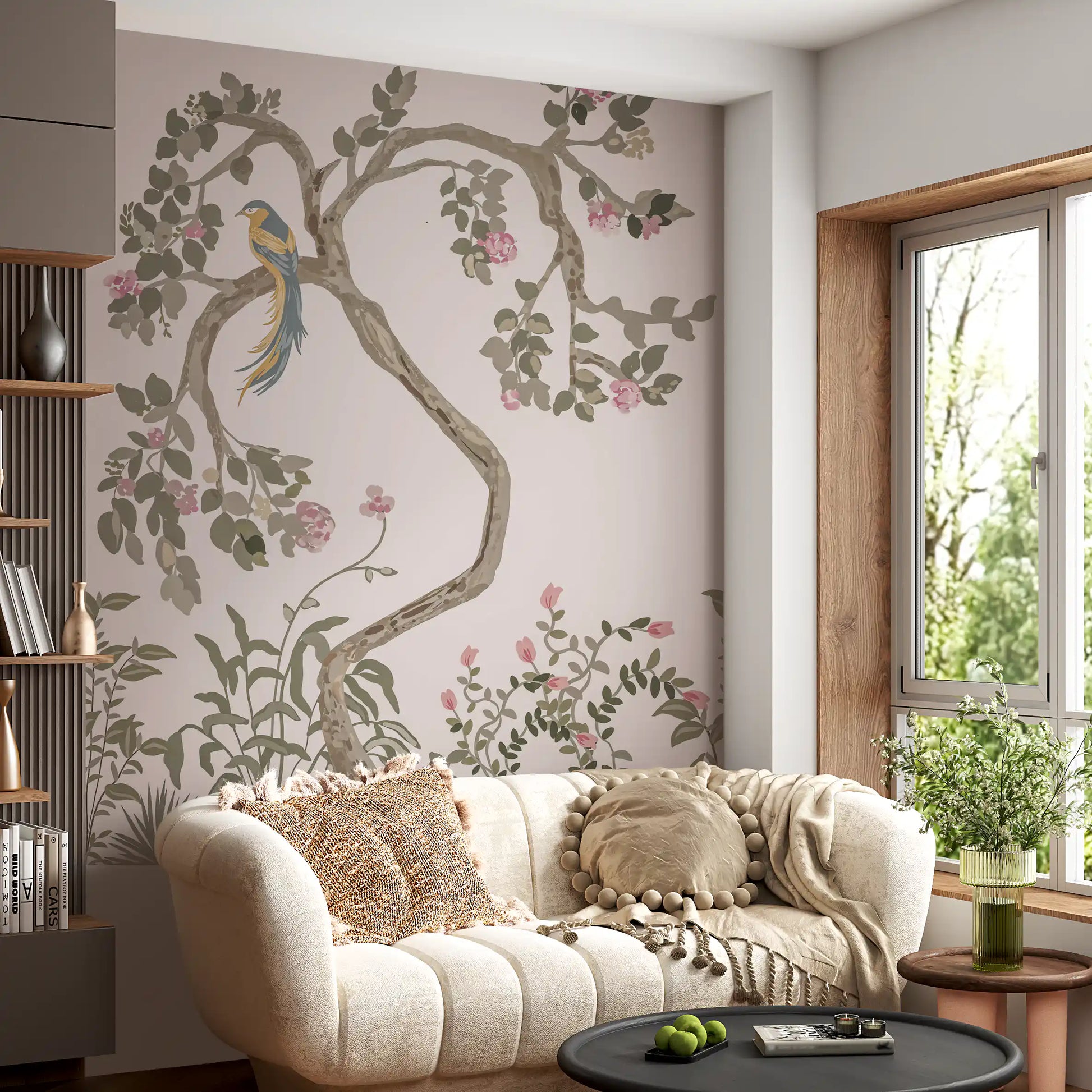 Chinoiserie garden wall mural rising the full height of a living room , blush ground